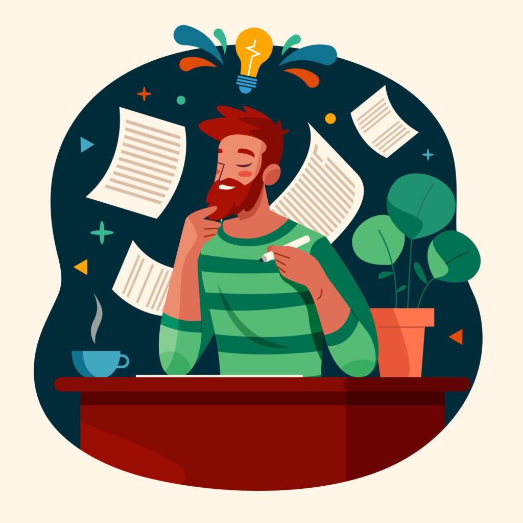 Ilustração de um escritor pensativo em sua mesa, cercado por papéis e ideias, simbolizando o processo criativo e os primeiros passos para sair do anonimato.